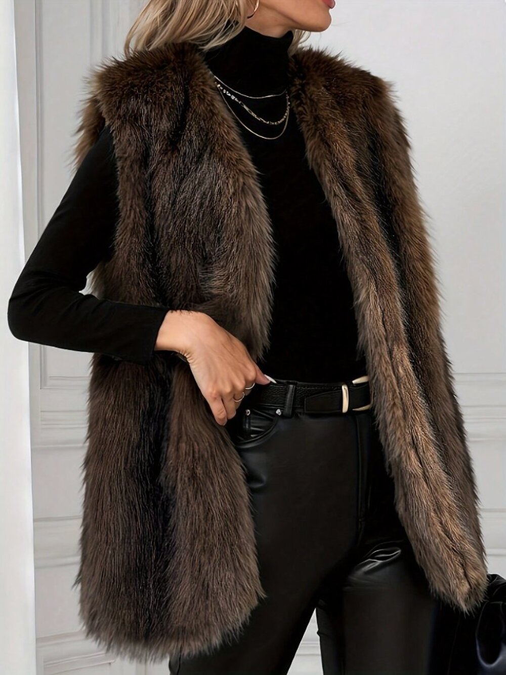 Coffee Brown Casual Women's Elegant Faux Fur Sleeveless Long Vest Cardigan